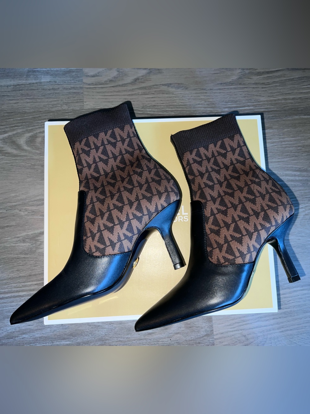 Michael Kors Monogram Heeled Boots (Sock Booties) in Brown/Black - Picture 2 of 14